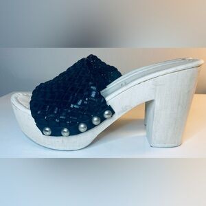 SANDRO ROSSI WOVEN LEATHER WHITE WOOD SANDAL CLOGS